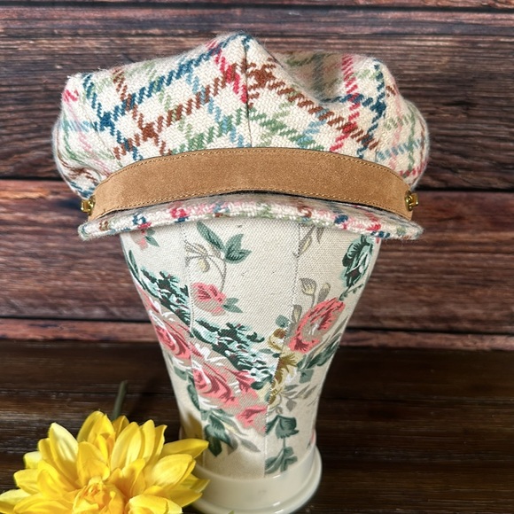Vintage Coach Wool Colorful Plaid Newsboy Hat With Suede Trim. Size M/L - Picture 1 of 13